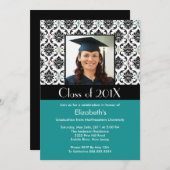 Turquoise Damask Afstuderen Invitation Foto Kaart (Voorkant / Achterkant)