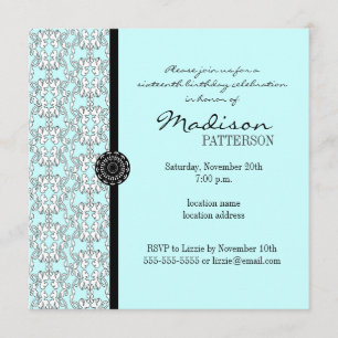 Turquoise Damask Baroque Sweet 16 Party Invitation Kaart