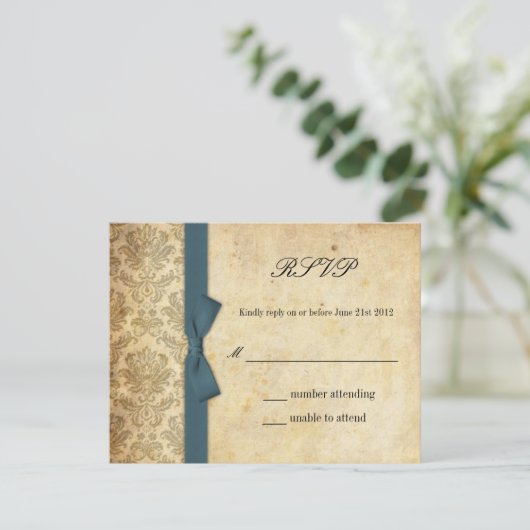 Turquoise Damask Bow Wedding RSVP (Debout devant)
