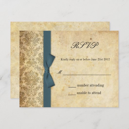 Turquoise Damask Bow Wedding RSVP (Devant / Derrière)