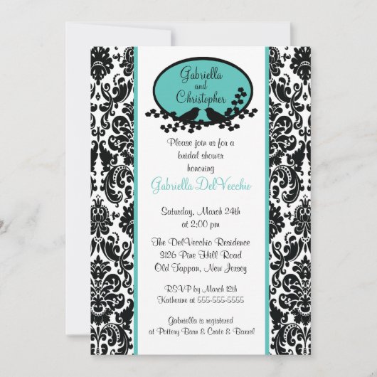 Turquoise Damask Bridal Shower Invitation Kaart (Voorkant)