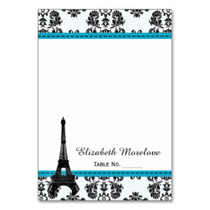 Turquoise Damask Eiffel Tower Tent Place Cards Kaart