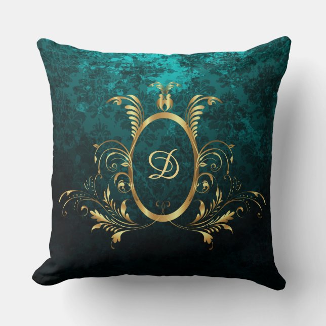 Turquoise Damask gold Lijst Gepersonaliseerd Kussen (Voorkant)