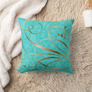 Turquoise Damask Gold Swirls Flourishes Kussen