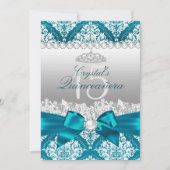 Turquoise Damask Pearl Bow Quinceanera Invitation (Devant)