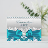 Turquoise Damask Pearl Bow Quinceanera RSVP (Debout devant)