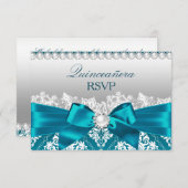 Turquoise Damask Pearl Bow Quinceanera RSVP (Devant / Derrière)