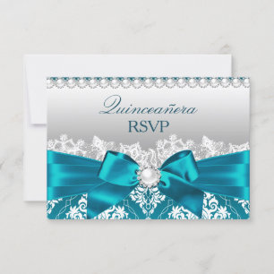 Turquoise Damask Pearl Bow Quinceanera RSVP