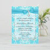 Turquoise Damask Quinceañera Uitnodiging (Staand voorkant)