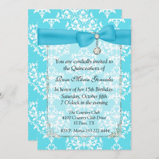 Turquoise Damask Quinceañera Uitnodiging (Voorkant / Achterkant)