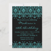 Turquoise Damask Sweet Sixteen Birthday Invitation Kaart (Voorkant)