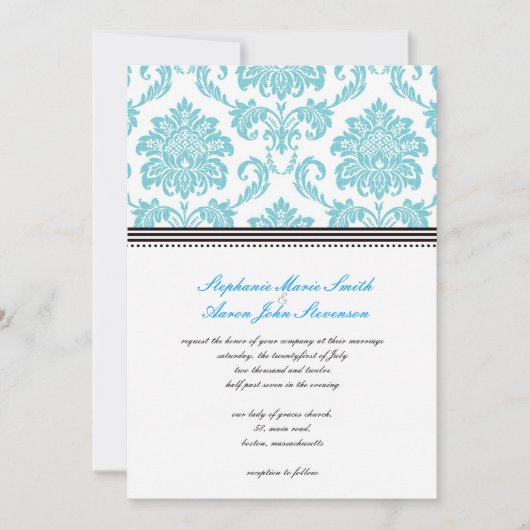 Turquoise Damask Wedding Invitation Kaart (Voorkant)