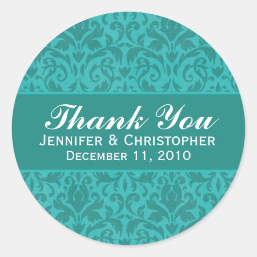 Turquoise Damast Ronde Bruiloft Labels (Voorkant)