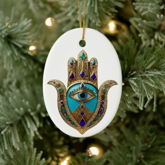 Turquoise Derde Oog Hamsa Keramisch Ornament (Boom)