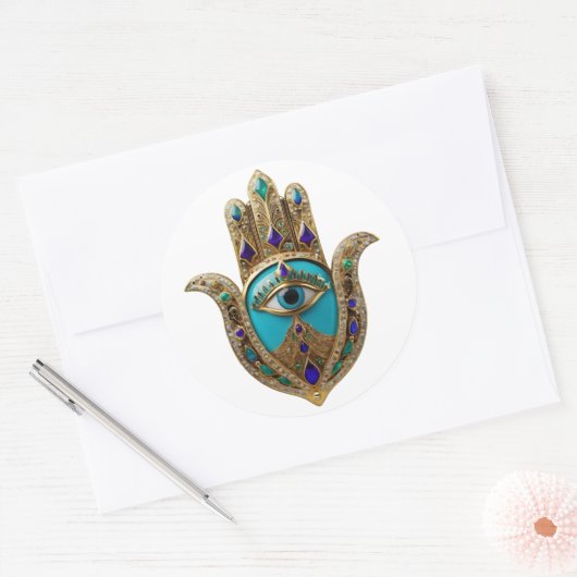 Turquoise Derde Oog Hamsa Ronde Sticker (Envelop)