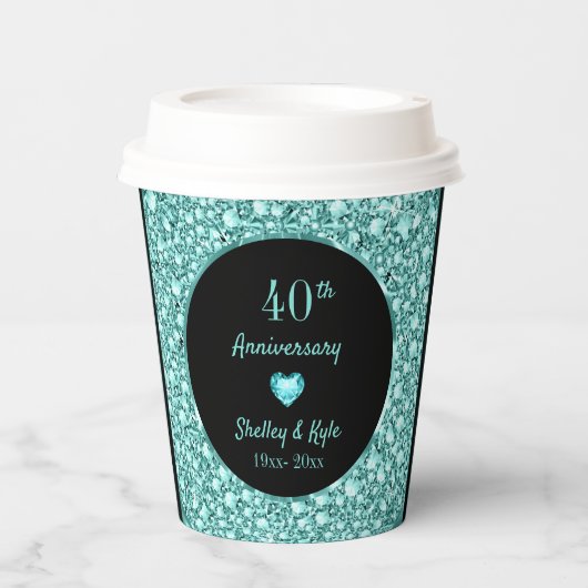 Turquoise diamanten en hart- Jubileum papier Cu Papieren Bekers (Voorkant)