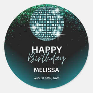 Turquoise Disco Glitter Dance Gelukkige Verjaardag Ronde Sticker
