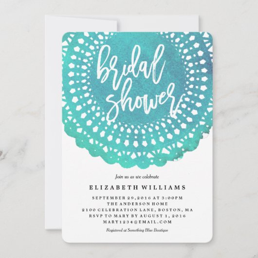 Turquoise Doily Bridal Shower Invitation Kaart (Voorkant)