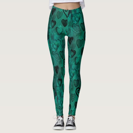 Turquoise Doodle Grunge Hearts Leggings (Voorkant)