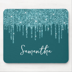 Turquoise Druppelende Glitter Glam Naam Muismat