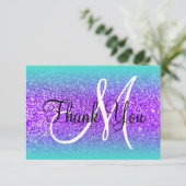 Turquoise Edge Ombre Violet Glitter Monogram Bedankkaart (Staand voorkant)