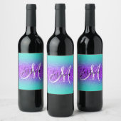 Turquoise Edge Ombre Violet Glitter Monogram Wijn Etiket (Flessen)