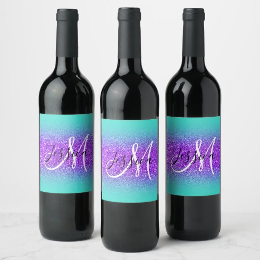 Turquoise Edge Ombre Violet Glitter Monogram Wijn Etiket (Flessen)