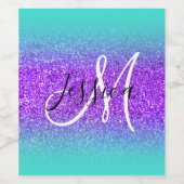 Turquoise Edge Ombre Violet Glitter Monogram Wijn Etiket (Enkel label)