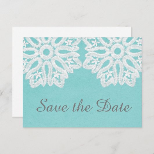 Turquoise Elegant Lace Save the Date Briefkaart (Voorkant / Achterkant)