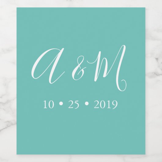 Turquoise Elegant Monogram Bruiloft Wijn Label Wijn Etiket (Enkel label)
