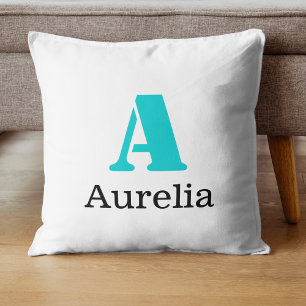 Turquoise Elegante Initiaal Zwarte Naam Modern Kussen