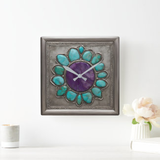 Turquoise en Amethyst Jewel Toned Vierkante Klok