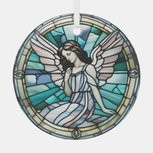Turquoise en Aqua Kerstengel Gebrandschilderd Glas Ornament