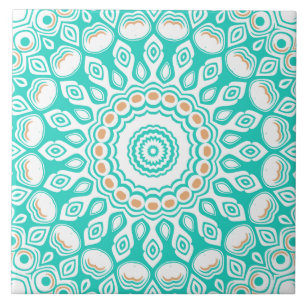 Turquoise en beige oceaan Mandala patroon Tegeltje