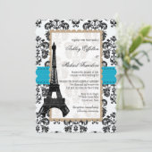 Turquoise en Black Damask Eiffel Tower Wedding Kaart (Staand voorkant)