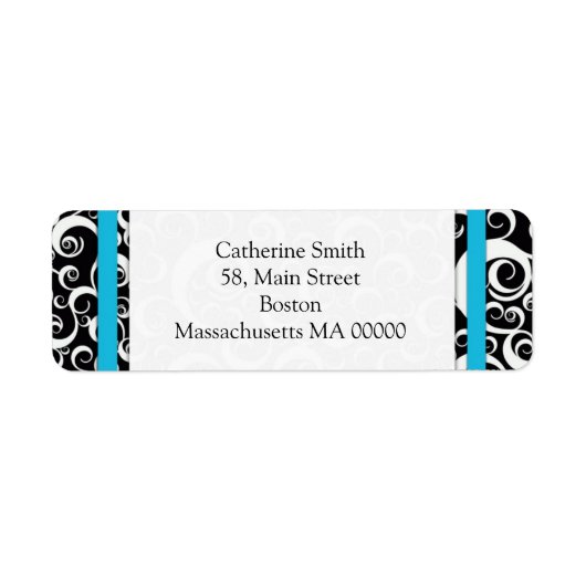 Turquoise en Black Damask Swirls Adresetiketten Etiket (Voorkant)