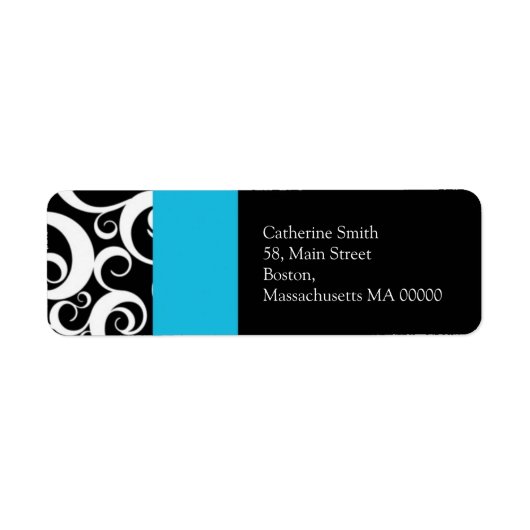 Turquoise en Black Damask Swirls Adresetiketten Etiket (Voorkant)