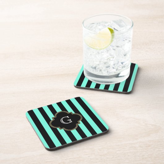 Turquoise en Black Stripes Pattern met Monogram Bier Onderzetter (Rechterzijde)