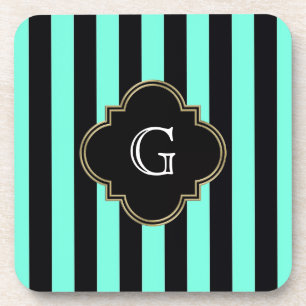 Turquoise en Black Stripes Pattern met Monogram Bier Onderzetter