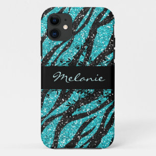 Turquoise en Black Zebra Print Glitter iPhone 5 11 Hoesje