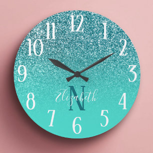 Turquoise en Blauwgroen Glitter Ombre Monogram Grote Klok