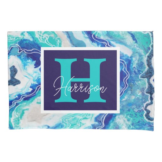 Turquoise en Blue Marble Monogram Name Beachy Kussensloop (Voorkant)