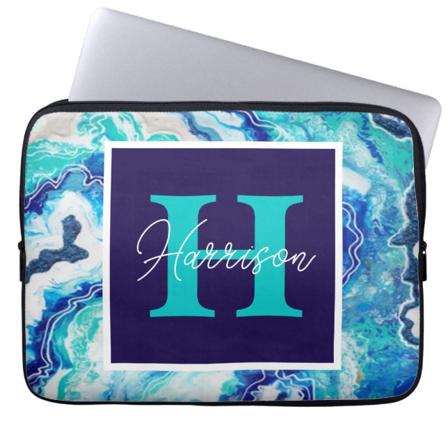 Turquoise en Blue Marble Monogram Name Beachy Laptop Sleeve (Voorkant)