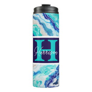 Turquoise en Blue Marble Monogram Name Beachy Thermosbeker
