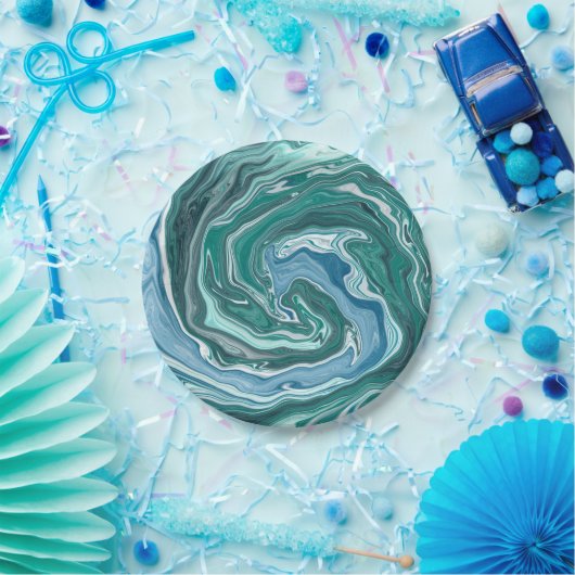 Turquoise en Blue Ocean Wave Swirls Papieren Bordje (Feest)