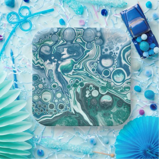 Turquoise en Blue Ocean Waves en Bubbles Papieren Bordje (Feest)