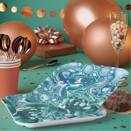 Turquoise en Blue Ocean Waves en Bubbles Papieren Bordje (Multi)