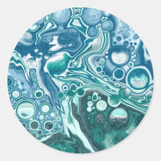 Turquoise en Blue Swirls en Bubbles Ronde Sticker (Voorkant)