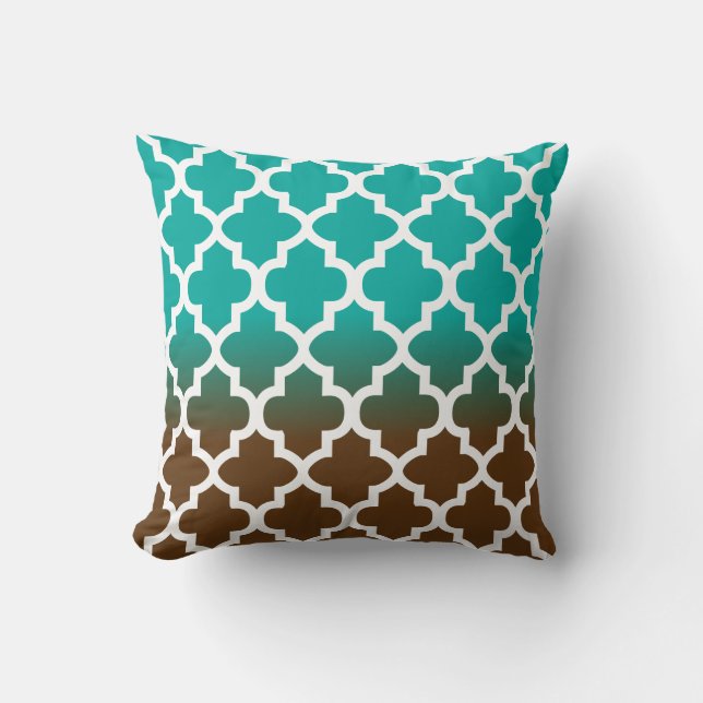 Turquoise en Brown Blend Quatrefoil Pattern Kussen (Voorkant)