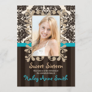 Turquoise en Brown  Damask Sweet Sixteen Kaart